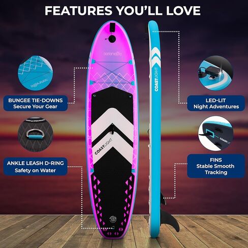 يشمل Serenelife 10'6 "لوحة مجداف قابلة للانفخام مع مصابيح LED-32" تصميم مستقر واسع مع لوحة سطح السفينة غير المنقولة ، تشمل ملحقات SUP متميزة ، للشباب والبالغين ، 275 رطلاً. سعة in Saudi Arabia