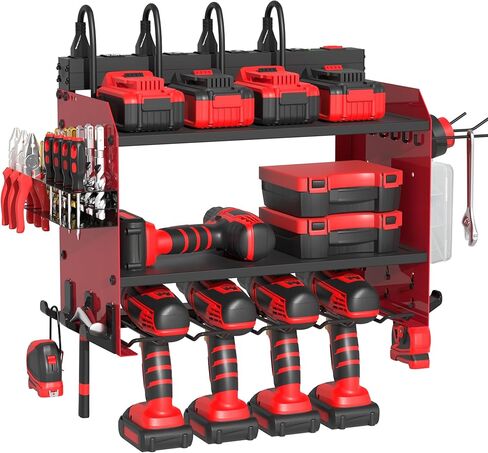 Power Tool Organizer Wall Mount with Charging Station, Garage 4 Drill Storage Shelf with Cordless Tool Holder, Heavy Duty Rack with 8 Outlet Power Strips and Hooks, Gift for Men, Husband (4 Layer) in Saudi Arabia