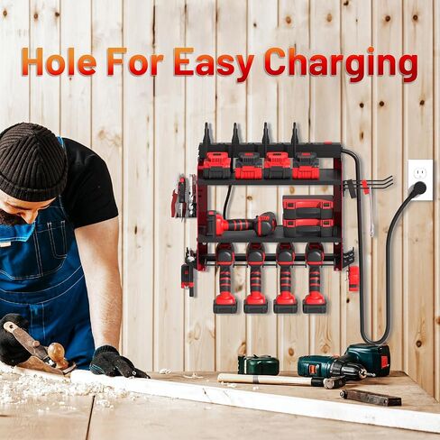 Power Tool Organizer Wall Mount with Charging Station, Garage 4 Drill Storage Shelf with Cordless Tool Holder, Heavy Duty Rack with 8 Outlet Power Strips and Hooks, Gift for Men, Husband (4 Layer) in Saudi Arabia