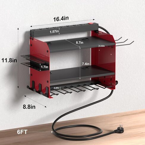 Power Tool Organizer Wall Mount with Charging Station, Garage 4 Drill Storage Shelf with Cordless Tool Holder, Heavy Duty Rack with 8 Outlet Power Strips and Hooks, Gift for Men, Husband (4 Layer) in Saudi Arabia