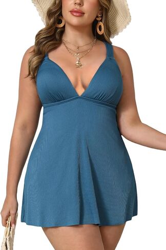 Cupshe Plus Size Women's One Piece Swimsuit v الرقبة ملابس السباحة فستان Crisscross ذاتي الباحة بدلة السباحة التدفق in Kuwait