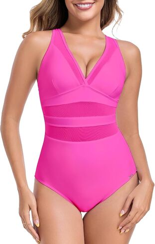 RELLECIGA Women’s Mesh One Piece Swimsuit V Neck Tummy Control Bathing Suit Slimming Swimwear in Saudi Arabia