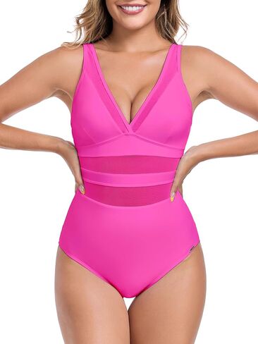 RELLECIGA Women’s Mesh One Piece Swimsuit V Neck Tummy Control Bathing Suit Slimming Swimwear in Saudi Arabia