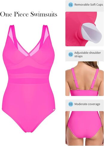 RELLECIGA Women’s Mesh One Piece Swimsuit V Neck Tummy Control Bathing Suit Slimming Swimwear in Saudi Arabia