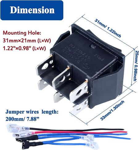 2Pcs ON-Off-ON Polarity Reversing Rocker Switch，DPDT 6 pins 3 Position Self-Locking Double Reset Rocker Toggle Switch with Jumper Wires Snap 12V 125V 250V,Max Current 20A in Saudi Arabia