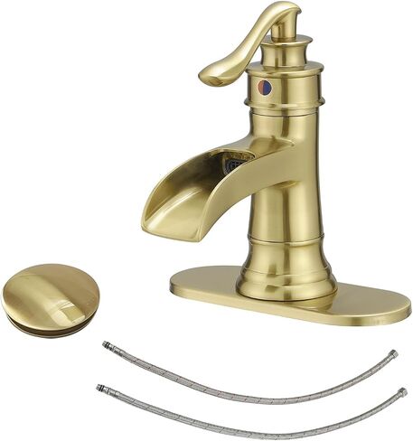 BWE Matte Black Bathroom Faucet, Waterfall Bathroom Faucet Sink Lavatory Single Hole Faucets One Handle Bath Antique with Brass Pop Up Drain Stopper Mixer Tap Overflow Water Supply Line in Saudi Arabia