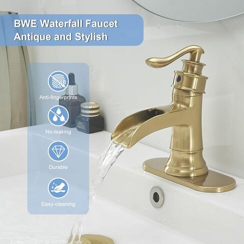 BWE Matte Black Bathroom Faucet, Waterfall Bathroom Faucet Sink Lavatory Single Hole Faucets One Handle Bath Antique with Brass Pop Up Drain Stopper Mixer Tap Overflow Water Supply Line in Saudi Arabia