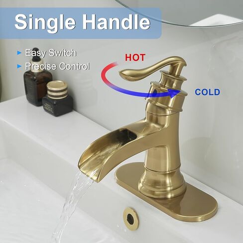 BWE Matte Black Bathroom Faucet, Waterfall Bathroom Faucet Sink Lavatory Single Hole Faucets One Handle Bath Antique with Brass Pop Up Drain Stopper Mixer Tap Overflow Water Supply Line in Saudi Arabia