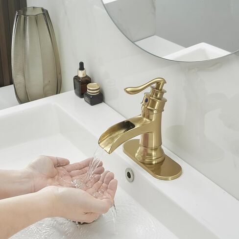 BWE Matte Black Bathroom Faucet, Waterfall Bathroom Faucet Sink Lavatory Single Hole Faucets One Handle Bath Antique with Brass Pop Up Drain Stopper Mixer Tap Overflow Water Supply Line in Saudi Arabia