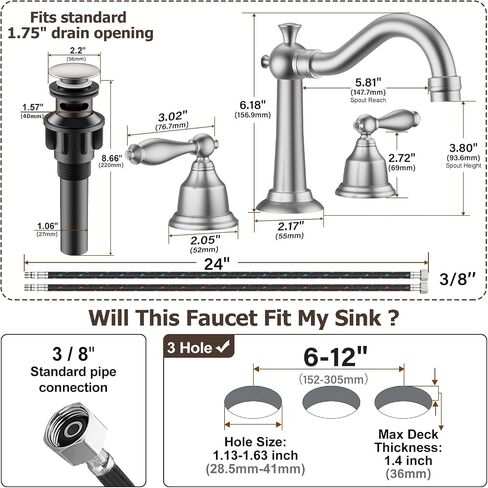 8 Inch Widespread Bathroom Sink Faucet Matte Black, 3 Hole 2 Cross Handles Classic Vintage Antique Faucet with Metal Pop Up Drain and Supply Hoses for Vanity, RV, Farmhouse in Saudi Arabia