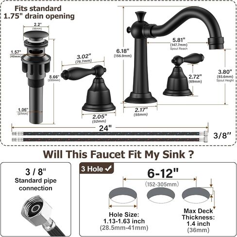 8 Inch Widespread Bathroom Sink Faucet Matte Black, 3 Hole 2 Cross Handles Classic Vintage Antique Faucet with Metal Pop Up Drain and Supply Hoses for Vanity, RV, Farmhouse in Saudi Arabia