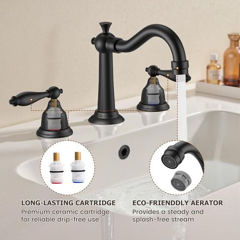 8 Inch Widespread Bathroom Sink Faucet Matte Black, 3 Hole 2 Cross Handles Classic Vintage Antique Faucet with Metal Pop Up Drain and Supply Hoses for Vanity, RV, Farmhouse in Saudi Arabia
