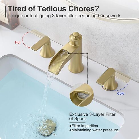 Waterfall Bathroom Faucets 3 Hole, 8 Inch Brass Oil Rubbed Bronze Bathroom Faucet, 2 Handles Bathroom Sink Faucet, Widespread Faucet for Bathroom Sink with Pop-up Drain & Hose in Saudi Arabia