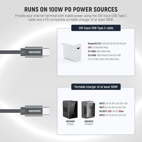 Neewer 100W PD USB C إلى DC Power Cable متوافق مع Starlink Mini ، 10ft/3M 16AWG 20V نوع الإدخال C إلى DC شحن كابل 100 واط+ PD PRDCHERCHORRAINPROOP مقاومة للماء ، NC013 in Kuwait