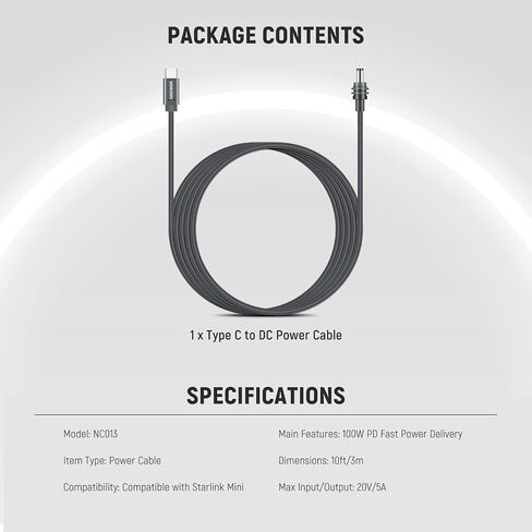 Neewer 100W PD USB C إلى DC Power Cable متوافق مع Starlink Mini ، 10ft/3M 16AWG 20V نوع الإدخال C إلى DC شحن كابل 100 واط+ PD PRDCHERCHORRAINPROOP مقاومة للماء ، NC013 in Kuwait