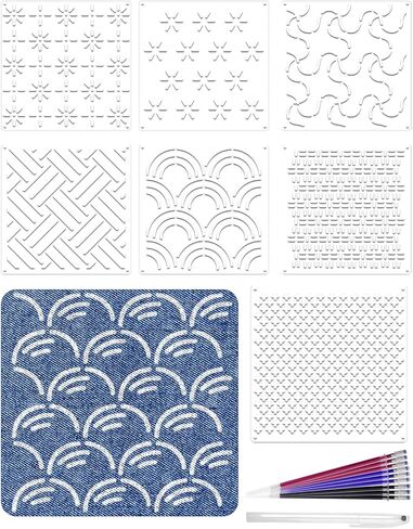 Gezan 20 PCS Sashiko Stencils 8.3 × 5.9 بوصة من قالب ساشيكو بلاستيك نمط مثبتات التطريز الهندسي قال قالب خط خط الخياطة اليدوية خياطة خياطة يدوية in Kuwait