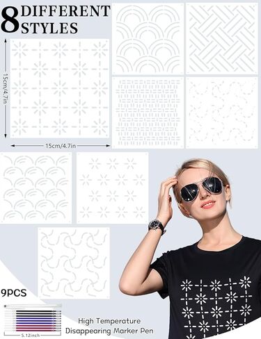 Gezan 20 PCS Sashiko Stencils 8.3 × 5.9 بوصة من قالب ساشيكو بلاستيك نمط مثبتات التطريز الهندسي قال قالب خط خط الخياطة اليدوية خياطة خياطة يدوية in Kuwait