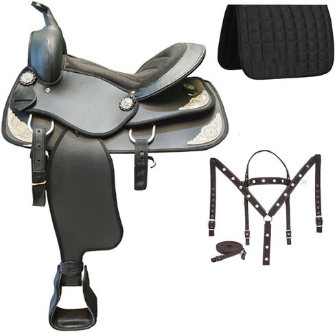 Manaal Enterprises Cynthetic Western Racing Trail Trail Fearsistrian Full Tack Set Comfort Saddle Horse Light Weight All Assactory Comprectored Size 16 "Inves Set (16 ، Black). in Kuwait