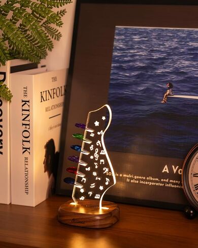 Light Up Guitar Pick Holder with 6 Guitar Picks, Real Hardwood & Acrylic Guitar Headstock Shaped Pick Holder Case for Picks Storage & Display, Guitar Music Accessories Gifts for Men Lover Player in Kuwait