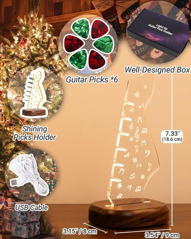 Light Up Guitar Pick Holder with 6 Guitar Picks, Real Hardwood & Acrylic Guitar Headstock Shaped Pick Holder Case for Picks Storage & Display, Guitar Music Accessories Gifts for Men Lover Player in Kuwait