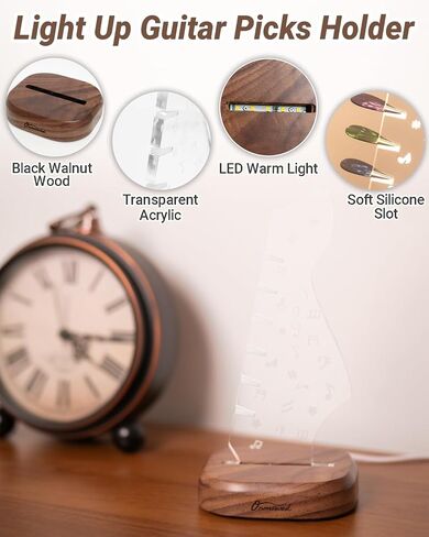 Light Up Guitar Pick Holder with 6 Guitar Picks, Real Hardwood & Acrylic Guitar Headstock Shaped Pick Holder Case for Picks Storage & Display, Guitar Music Accessories Gifts for Men Lover Player in Kuwait