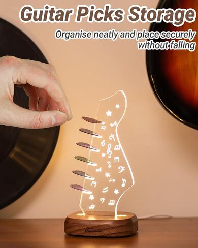 Light Up Guitar Pick Holder with 6 Guitar Picks, Real Hardwood & Acrylic Guitar Headstock Shaped Pick Holder Case for Picks Storage & Display, Guitar Music Accessories Gifts for Men Lover Player in Kuwait