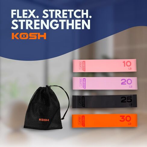 Kosh Resistance Exercise Bands – Set of 4 Natural Latex Loop Bands for Workout, Stretching, Physical Therapy – Includes Mesh Carry Bag in Saudi Arabia