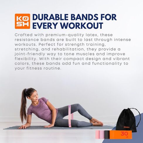 Kosh Resistance Exercise Bands – Set of 4 Natural Latex Loop Bands for Workout, Stretching, Physical Therapy – Includes Mesh Carry Bag in Saudi Arabia