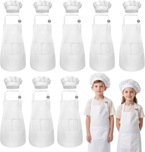 Kids Apron and Chef Hat Set, 24 Pieces Boys Girls Kids Apron with 2 Pockets Adjustable for Cooking Classroom Baking Painting, 6-13 Years, Multicolor in Kuwait