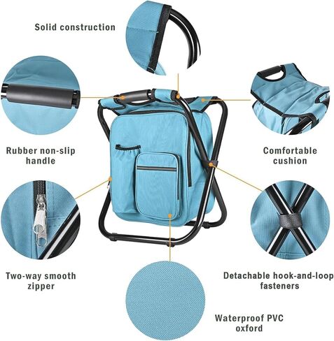 Kikerike Backpack Stool Cooler Chair Heavy Duty 300 LBS Max Load Portable Lightweight Folding Fishing Cooler for Camping Hunting Fishing - Black in Kuwait