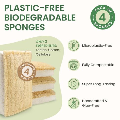 Natural Kitchen Sponges – Eco-Friendly, Compostable Dish Sponges – Loofah & Cellulose Scrubbers – Plastic-Free, Zero-Waste, Biodegradable – Durable, Non-Scratch – Pack of 4 in Saudi Arabia