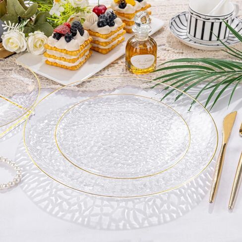 Rubtlamp 100Pcs Clear Gold Plastic Plates, Disposable Plates With Gold Rim, Heavy-duty Party Platos, Hammered Plastic Plates Include 50 Clear Dessert Platos, 50 Dinner Platos for Party in Saudi Arabia