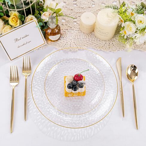 Rubtlamp 100Pcs Clear Gold Plastic Plates, Disposable Plates With Gold Rim, Heavy-duty Party Platos, Hammered Plastic Plates Include 50 Clear Dessert Platos, 50 Dinner Platos for Party in Saudi Arabia