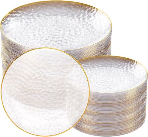 Rubtlamp 100Pcs Clear Gold Plastic Plates, Disposable Plates With Gold Rim, Heavy-duty Party Platos, Hammered Plastic Plates Include 50 Clear Dessert Platos, 50 Dinner Platos for Party in Saudi Arabia