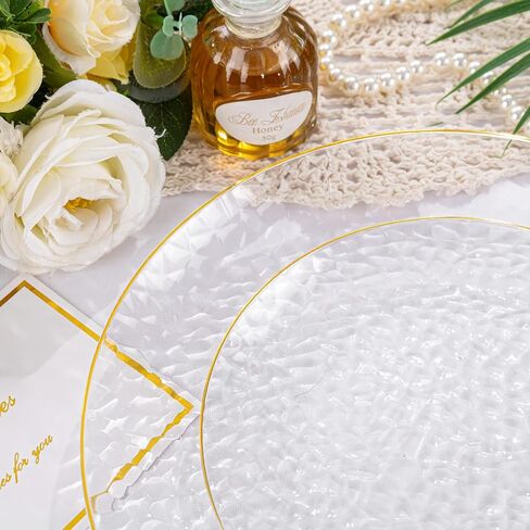 Rubtlamp 100Pcs Clear Gold Plastic Plates, Disposable Plates With Gold Rim, Heavy-duty Party Platos, Hammered Plastic Plates Include 50 Clear Dessert Platos, 50 Dinner Platos for Party in Saudi Arabia