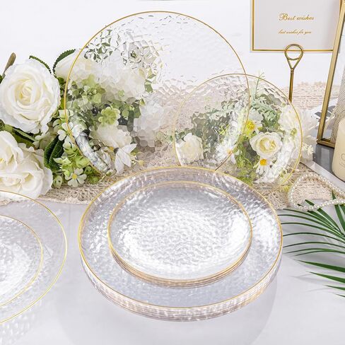 Rubtlamp 100Pcs Clear Gold Plastic Plates, Disposable Plates With Gold Rim, Heavy-duty Party Platos, Hammered Plastic Plates Include 50 Clear Dessert Platos, 50 Dinner Platos for Party in Saudi Arabia