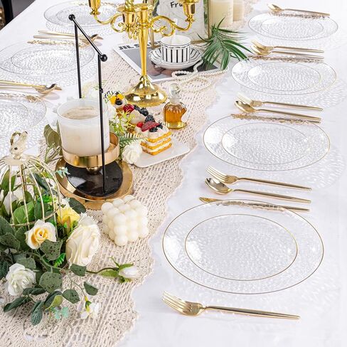Rubtlamp 100Pcs Clear Gold Plastic Plates, Disposable Plates With Gold Rim, Heavy-duty Party Platos, Hammered Plastic Plates Include 50 Clear Dessert Platos, 50 Dinner Platos for Party in Saudi Arabia