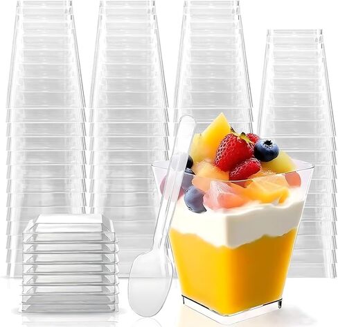 Rouceyxin 50 Pack 5 oz Plastic Dessert Cups with Lids and Spoons, Yogurt Parfait Appetizer Cup with Lids for Party, Clear Mini Dessert Shooter Cups for Pudding Fruit Trifle Ice Cream in Kuwait