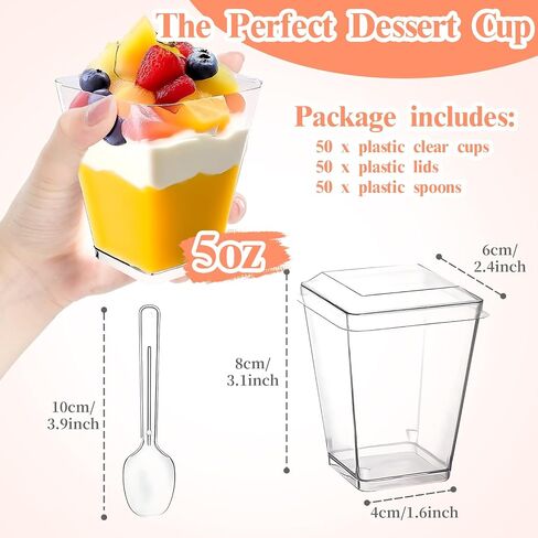 Rouceyxin 50 Pack 5 oz Plastic Dessert Cups with Lids and Spoons, Yogurt Parfait Appetizer Cup with Lids for Party, Clear Mini Dessert Shooter Cups for Pudding Fruit Trifle Ice Cream in Kuwait