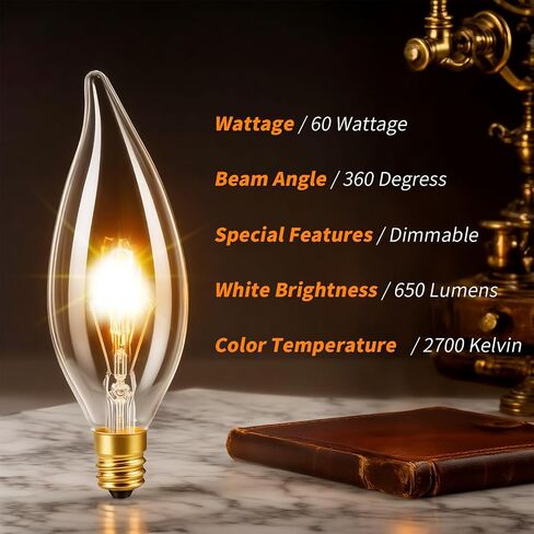12-Pack E12 Chandelier Light Bulbs 60W Warm White 2700K 120V Candelabra Light Bulb for Ceiling Fan, 650 Lumens CA10 Dimmable Clear Candle Bulbs in Saudi Arabia