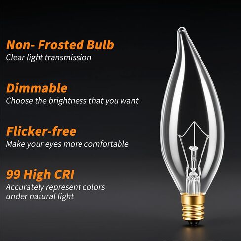 12-Pack E12 Chandelier Light Bulbs 60W Warm White 2700K 120V Candelabra Light Bulb for Ceiling Fan, 650 Lumens CA10 Dimmable Clear Candle Bulbs in Saudi Arabia