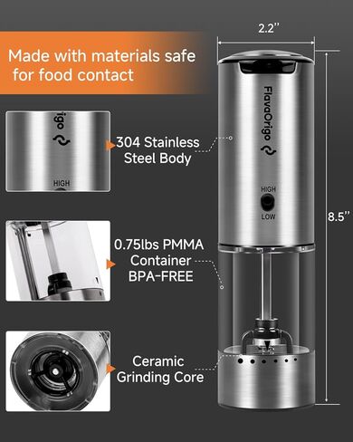 USB-C Rechargeable Electric Salt & Pepper Grinder Set - External Adjustable Coarseness (6 Settings), Large Capacity, Dual-Speed Control, One-Hand, LED, Stainless Steel (2 Pack) in Saudi Arabia