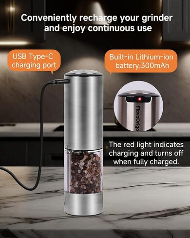 USB-C Rechargeable Electric Salt & Pepper Grinder Set - External Adjustable Coarseness (6 Settings), Large Capacity, Dual-Speed Control, One-Hand, LED, Stainless Steel (2 Pack) in Saudi Arabia