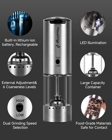 USB-C Rechargeable Electric Salt & Pepper Grinder Set - External Adjustable Coarseness (6 Settings), Large Capacity, Dual-Speed Control, One-Hand, LED, Stainless Steel (2 Pack) in Saudi Arabia