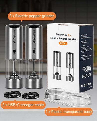 USB-C Rechargeable Electric Salt & Pepper Grinder Set - External Adjustable Coarseness (6 Settings), Large Capacity, Dual-Speed Control, One-Hand, LED, Stainless Steel (2 Pack) in Saudi Arabia