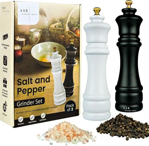 Wooden Salt And Pepper Grinder Set, Manual Refillable Large Salt and Pepper Shaker Mill, Black and White with Adjustable Ceramic Grinding Mechanism for Customized Coarseness, 8 inches Large, Pack of 2 in Saudi Arabia