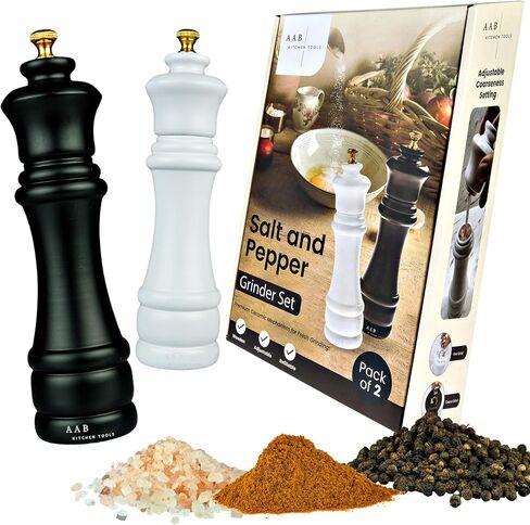 Wooden Salt And Pepper Grinder Set, Manual Refillable Large Salt and Pepper Shaker Mill, Black and White with Adjustable Ceramic Grinding Mechanism for Customized Coarseness, 8 inches Large, Pack of 2 in Saudi Arabia