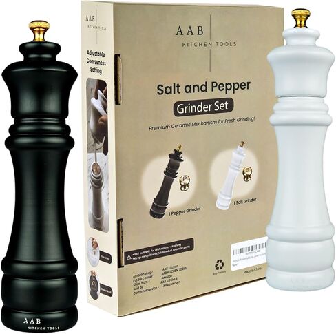 Wooden Salt And Pepper Grinder Set, Manual Refillable Large Salt and Pepper Shaker Mill, Black and White with Adjustable Ceramic Grinding Mechanism for Customized Coarseness, 8 inches Large, Pack of 2 in Saudi Arabia