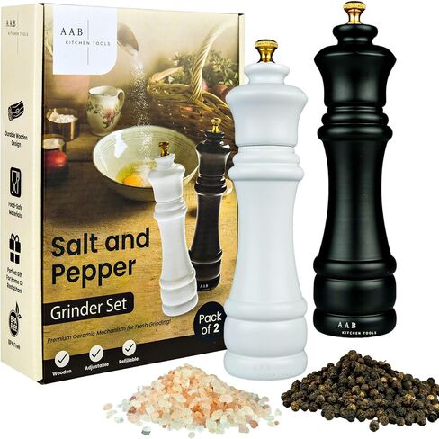 Wooden Salt And Pepper Grinder Set, Manual Refillable Large Salt and Pepper Shaker Mill, Black and White with Adjustable Ceramic Grinding Mechanism for Customized Coarseness, 8 inches Large, Pack of 2 in Saudi Arabia