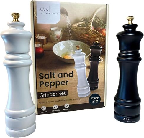 Wooden Salt And Pepper Grinder Set, Manual Refillable Large Salt and Pepper Shaker Mill, Black and White with Adjustable Ceramic Grinding Mechanism for Customized Coarseness, 8 inches Large, Pack of 2 in Saudi Arabia